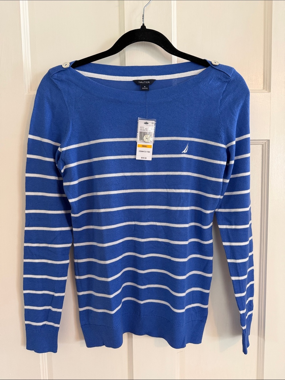 🐟 Nautica blue/white striped boatneck sweater. Size S. NWT. - Picture 1 of 7